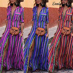 US Sexy Women Party Cocktail Stripe Split Front Maxi Beach Dress Plus Size: 
