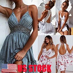 US STOCK Mujeres Encaje Playa Casual Fiesta Vestidos de noche Cóctel Mini vestido corto: Mini vestido de cóctel  