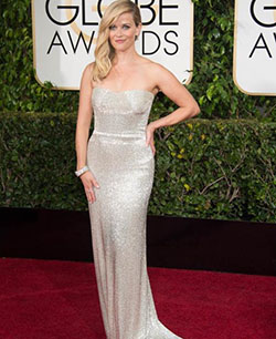 La nominada, Reese Witherspoon, deslumbrada con este vestido sin tirantes de Calvin Klein.: Vestido de noche  