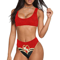 Elegante traje de baño de bikini de talle alto y top deportivo rojo negro Love (Modelo S07): trajes de baño,  bikini,  traje de baño,  biquini rojo  
