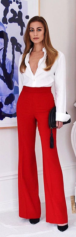 Cómo combinar camisa blanca con pantalón rojo de cintura alta para mujer: camisas,  Camisa blanca  