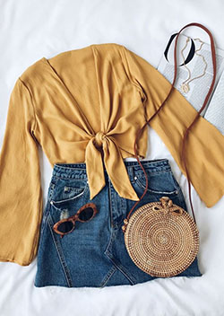 Falda denim top outfit amarillo: Atuendos Tumblr  