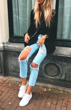 Traje de invierno de Tumblr con jeans rotos: Traje de invierno informal,  Tacón de aguja  