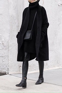 traje negro de invierno: trajes de invierno,  cuello polo,  Gorro de lana,  abrigo largo  