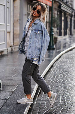 Traje gris new balance: chaqueta de jean,  Ideas de ropa de calle  