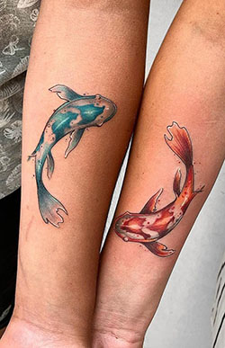 Koi fish couple tattoo, Tattoo artist y Sleeve tattoo: tatuaje de manga,  Arte Corporal,  Tatuador  