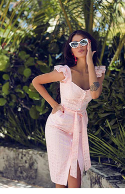 Vestido de fiesta midi bodycon rosa para el verano: Vestido amoldeado al cuerpo,  vestido sin espalda,  Estilo retro,  Traje de algodón de verano  