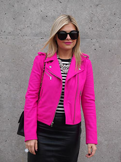Estilo chaqueta rosa fuerte, chaqueta de cuero: Ideas de trajes rosas  