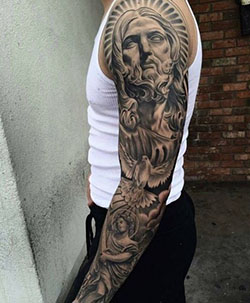 Orgulloso de usar estos tatuajes de manga de jesus, Tatuaje de manga: tatuaje de manga,  Tatuajes Religiosos  