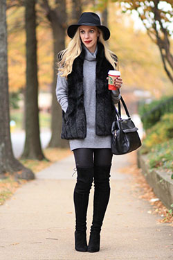 Conjunto chaleco pelo negro: trajes de invierno,  ropa de piel,  cuello polo,  Bota por encima de la rodilla,  Piel sintética,  polainas negras  