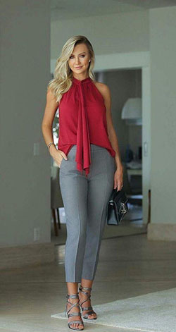 top rojo y pantalon gris: Casual elegante,  Informal de negocios,  Zapatos casuales de negocios  