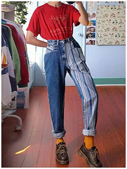 Pantalón vaquero recto de moda con rayas verticales: Traje de la escuela,  Pantalones ajustados,  Atuendos Informales  