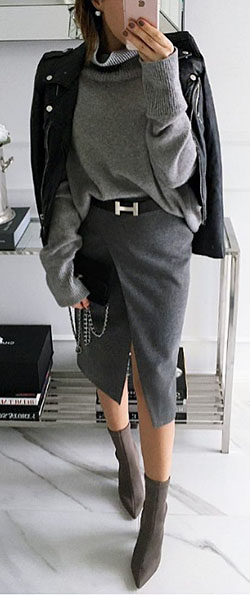 Moda casual de negocios para mujeres, chaqueta de cuero, imagen mental: Falda de tubo,  trajes de negocios  