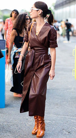 Vestido cruzado informal Conjuntos marrones: Vestido ajustado,  Falda de cuero,  Cuero artificial,  Ropa de cuero,  Traje Marrón  