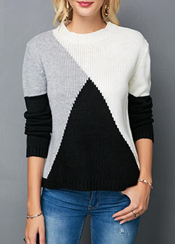 Suéteres de bloque de color blanco y negro: Camiseta de manga larga,  lana de cachemira,  Atuendo De Suéteres  