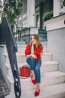 Camisa roja jeans y zapatos rojos: Ropa vintage,  Piso de ballet,  Ideas de atuendos universitarios,  Atuendos Informales  