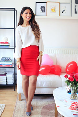 Camisa roja falda blanca, ropa casual: top corto,  camisas,  Falda de tubo,  Club Mónaco,  Atuendos Informales  
