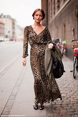 Vestido estilo callejero con estampado de leopardo: Estilo callejero,  Huella animal,  vestido largo,  Zapatos de vestir maxi  