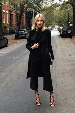 Falda pantalón negro look, Moda callejera: cuello polo,  trajes de invierno,  Pantalones capri,  Estilo callejero  
