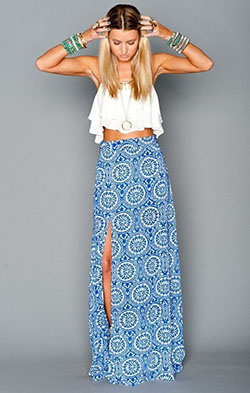 Maxi falda azul blanca, top corto: top corto,  Falda larga,  Trajes De Falda,  Atuendos Informales  