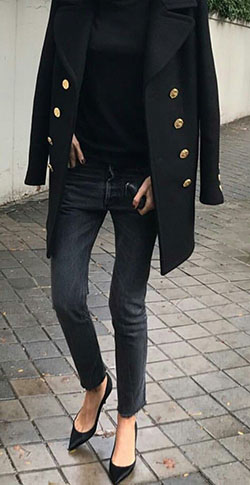 Balmain abrigo negro mujer, Chaquetón: gabardina,  chaquetón,  Atuendos Informales,  Trajes De Zapatos Planos,  Abrigo de lana  