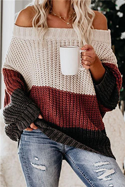 Suéter color block con hombros descubiertos: Cuello redondo,  Atuendos Informales,  Atuendo De Suéteres  