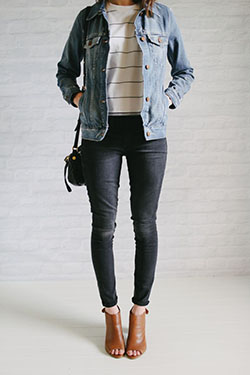 Traje de jeans negros desteñidos, chaqueta de Jean: chaqueta de jean,  Pantalones ajustados,  botas chelsea,  Atuendos Informales,  Trajes De Chaqueta  