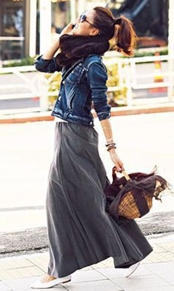 Maxi falda de estilo en invierno.: chaqueta de jean,  Falda larga,  Trajes De Falda  