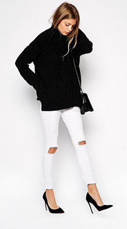 Jersey negro jeans blanco, cuello polo: trajes de invierno,  cuello polo,  Casual elegante,  Trajes de mezclilla blanca  
