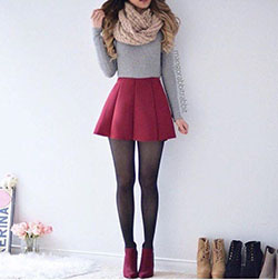 Jersey gris y falda roja: top corto,  trajes de invierno,  Hasta la rodilla,  Traje De Mini Falda  