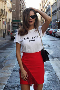 Traje de verano de falda roja, Falda lápiz: Atuendos Informales,  Vestido de vendajes,  Falda de tubo,  Estilo callejero  
