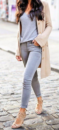 Lindos outfits con jeans grises: Pantalones ajustados,  lana de cachemira,  Atuendos Informales,  Trajes De Cárdigan Largo  