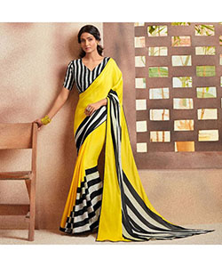 Hermoso sari de crepé bordado en color amarillo con blusa: chicas calientes en sari  