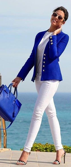 Summer Blue Blazer Outfit Mujeres, Broche de solapa y Top de tubo: Alfiler de solapa,  traje de chaqueta,  Accesorio de moda  