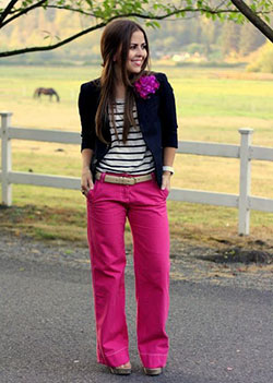 Traje casual de pantalón rosa para mujer: Traje de invierno informal,  Lindos atuendos,  vaqueros rosas,  pantalón rosa,  Ideas de trajes rosas  