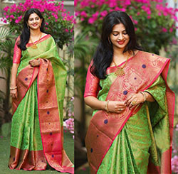 Sari de novia de jacquard de color verde con blusa: Estilo de vida,  MODA,  sari,  Ideas de ropa  