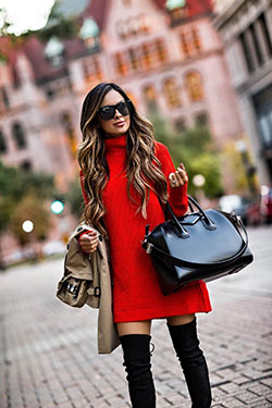 Vestido lookbook rojo con jersey, abrigo: trajes de invierno,  Atuendos Con Botas,  Estilo callejero,  traje rojo,  Combinar suéter de cuello alto  