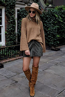 Conjunto de color marrón con suéter, falda, bota de montar, zapato, bota: cuello polo,  Bota de montar,  Estilo callejero,  Bota hasta la rodilla  