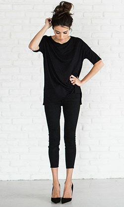 Jeans negros y camiseta negra mujer: Traje negro,  modelo,  Traje de camiseta  