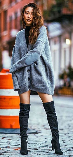 Ideas de ropa de moda con denim, jeans, abrigo.: trajes de invierno,  Atuendos Con Botas,  Estilo callejero,  Bota hasta la rodilla  