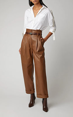 Outfit pantalon cuero marron cintura alta: Traje Marrón,  Trajes De Pantalón  