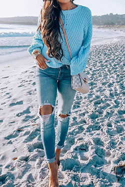 Vogue ideas trajes de otoño de playa, ropa casual: Traje Turquesa Y Aqua,  Pantalones rasgados  