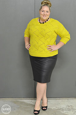 Falda de cuero de talla grande ropa de talla grande, falda de cuero: Falda de tubo,  Traje de camiseta,  traje amarillo,  Ideas de atuendos de invierno  