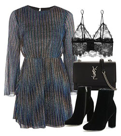 Conjunto de estilo negro y azul con vestidito negro, vestido cruzado, vestidito negro, accesorio de moda, pijama: Atuendos Para Citas,  Accesorio de moda,  pequeño vestido negro,  Traje negro y azul  