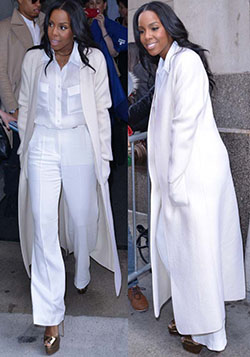 Combinación de color blanco con ropa formal, uniforme.: Fotografía de moda,  Presentador de televisión,  afroamericano,  traje blanco,  kelly rowland,  Ropa formal,  Estilo callejero  