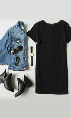 Ideas de atuendos con vestido recto negro: Traje de camiseta,  Atuendos Para Citas,  Traje negro y azul  