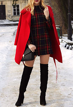 Ideas de vestidos rojos con abrigo, tartan: trajes de invierno,  Atuendos Con Botas,  Estilo callejero,  traje rojo  