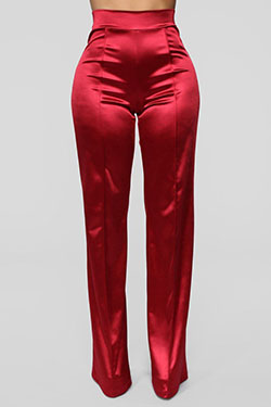 Pantalones de raso rojo combinación de colores, moda nova, pantalones activos: Nova de la moda,  Pantalones activos,  traje rojo,  Trajes De Pantalón De Seda  