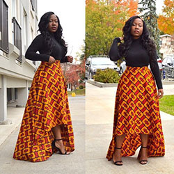 Falda alta baja estampados de cera africana ankara, moda callejera: Estilo callejero,  Vestidos Roora,  Traje amarillo y naranja,  Impresiones de cera africanas  
