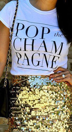 Pop the champagne shirt nochevieja, comida vegetariana: camisas,  Traje de camiseta,  Faldas de Lentejuelas  
